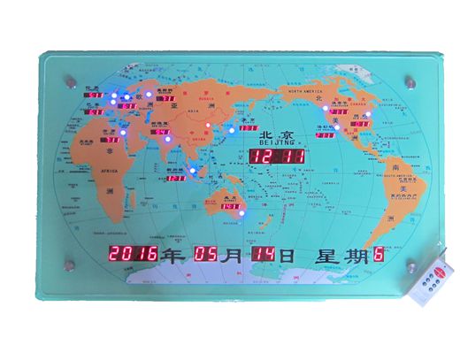壁挂式世界时间电子钟地图钟屏，教学用世界地图时间屏