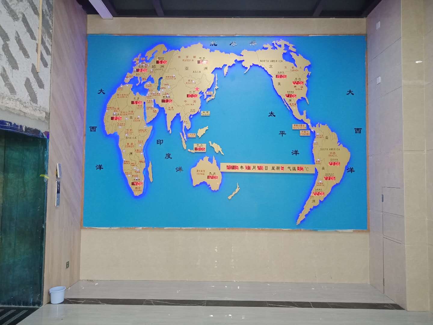 新款带自动夏令时的世界地图时间钟/大堂墙面装饰钟/立体地图墙面时钟